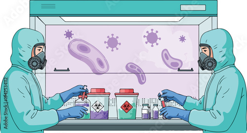 Scientists in hazmat suits handle lab equipment and samples inside a biosafety cabinet with various containers and biohazard symbols nearby.