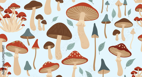 Charming seamless pattern of various wild mushrooms in earth tones and red colors with green leaves over a pale blue background illustration.