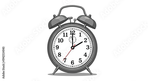 Classic analog alarm clock in a dark gray color with twin bells and a white face showing the time around two o'clock on a white background.