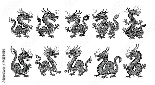 Eight black stylized dragons in various poses and designs