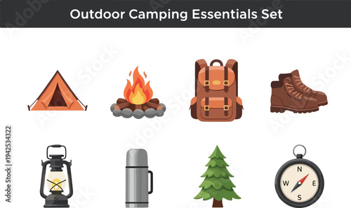Outdoor camping essentials set with tent, campfire, backpack, boots, lantern, thermos, tree, and compass