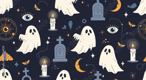 Seamless Halloween pattern featuring spooky white ghosts, glowing candles, tombstones, mystical eyes, and moths on a dark blue night sky background.