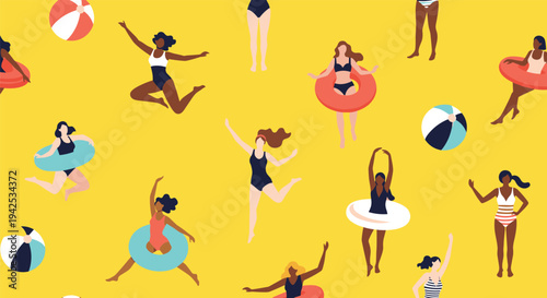 Vibrant seamless pattern depicting diverse women in swimsuits swimming with colorful rings and playing with beach balls on a bright yellow background.