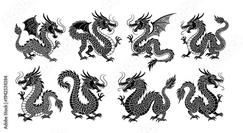 Eight black stylized dragons in various poses and designs