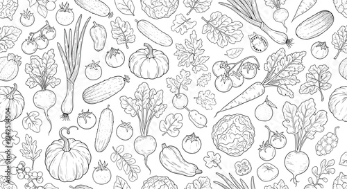 Detailed black and white seamless pattern featuring an assortment of hand drawn vegetables like pumpkins, tomatoes, carrots, and cucumbers for food.