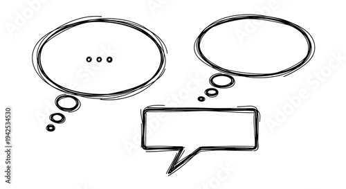 Collection of three hand drawn sketch style speech and thought bubbles with scribbled borders isolated on a white background for comic design.