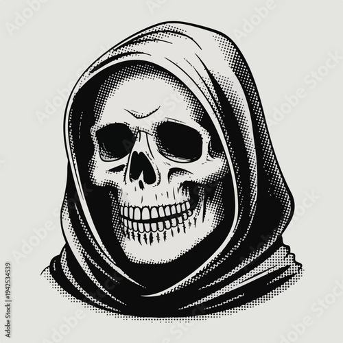 Grim Reaper Skull Halftone Stipple Illustration – Dark Vintage Dot Art