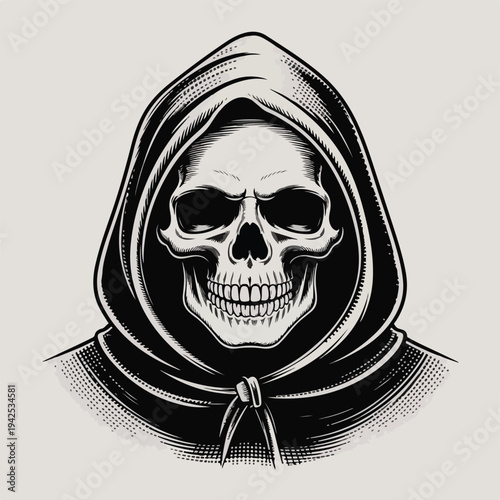 Grim Reaper Skull Halftone Stipple Illustration – Dark Vintage Dot Art