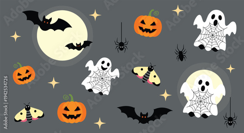 Collection of spooky Halloween icons including white ghosts, carved pumpkins, bats, moths, spiders, and a full moon on a dark gray background.