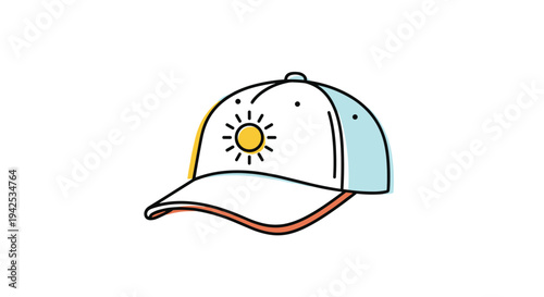 Simple vector illustration of a white and light blue baseball cap with an orange sun logo on the front isolated on a white background.