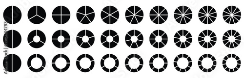 Pie charts diagrams, black pie chart icons with different segment divisions, collection with 2,3,4,5,6,7,8,9,10,11,12,sections and steps. Vector illustration isolated on white background. 