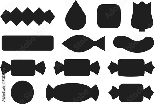 Candy and sweet silhouette collection featuring various confectionery shapes including wrapped candies, chocolate pieces and sugar treats, black vector icon set isolated on white background