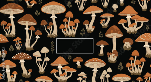 Moody seamless pattern showcasing a dense collection of different mushrooms and fungi on a dark black background for a woodland forest theme.