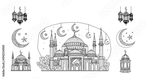 Islamic designs featuring crescent moons lanterns and detailed mosque illustrations