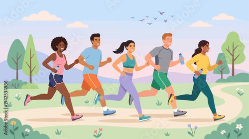 Flat Vector Illustration of People Running Together – Healthy Lifestyle Jogging Concept