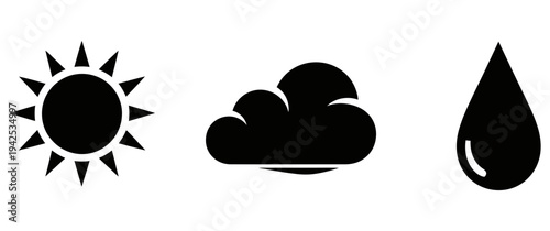 Simple black weather icons representing sunshine cloud and rain on a clean white background for various weather conditions and forecasts