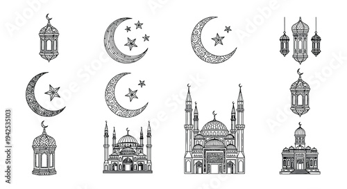 Islamic designs featuring crescent moons lanterns and detailed mosque illustrations