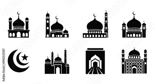 Collection of black silhouette islamic mosque and crescent moon icons
