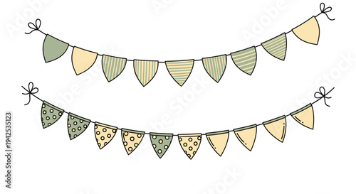 Festive illustration of two decorative bunting garlands with various patterns like stripes and dots in soft green and yellow colors on a white background.