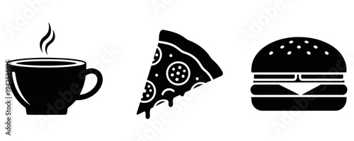 Collection of simple black and white icons representing coffee, pizza, and hamburger on a clean white background symbolizing popular food items and beverages.