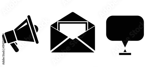 Black icons representing communication methods including megaphone, envelope, and speech bubble on a white background for business and technology concepts use