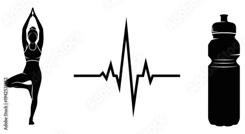 Fitness and wellness symbols representing yoga, heart rate, and hydration together seamlessly in a modern minimalist design concept