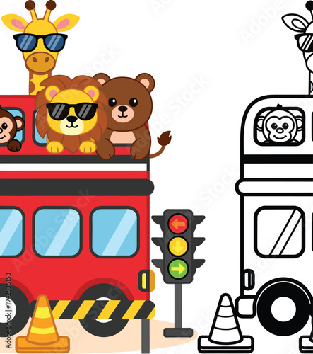 Cute cartoon animals riding red double decker bus in city traffic scene with giraffe, lion and bear, kids transportation illustration vector isolated