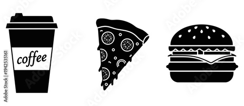 Black and white illustration of coffee cup, pizza slice, and burger representing popular food and beverage items in a simple icon set on white background