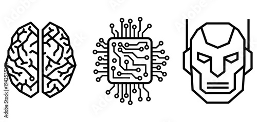 Human brain and artificial intelligence represented by circuit board and robot face icons symbolizing technological advancements and intelligent machines