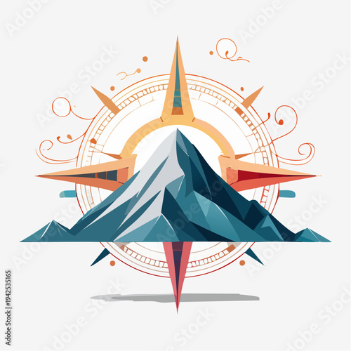 Geometric mountain landscape with compass and navigation elements.