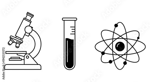 Simple black and white illustrations of science equipment and atomic structure representing learning and experimentation in a scientific context for educational purposes effectively