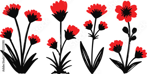 Stylized red flower silhouette with black stems and leaves, bold contrast design, artistic floral art