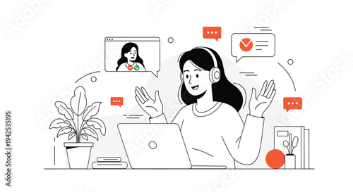 Clean line art illustration of a woman wearing headphones and using a laptop while participating in a video call with a colleague at her desk.
