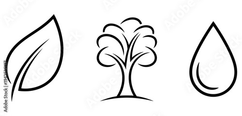 Simple black line art illustrations of a leaf, tree, and water droplet symbolizing eco-friendly concepts and environmental awareness in a minimalist design style