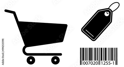 Shopping cart with barcode tag and label representing retail and e-commerce transactions and sales
