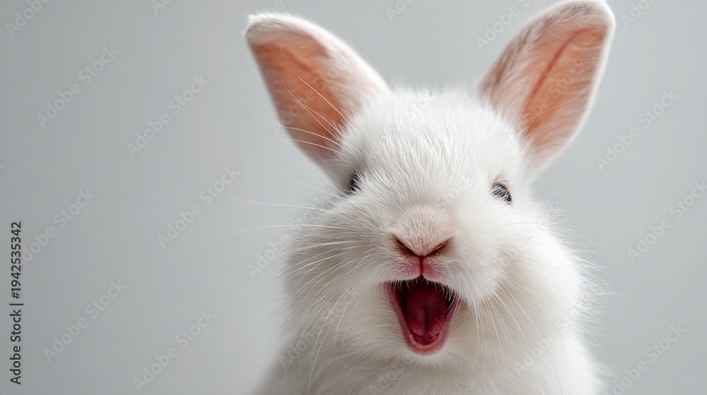 Obraz premium Cute white rabbit bunny smiling with fluffy fur and long ears, isolated on clean studio background, Easter holiday concept with copy space