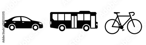 Transportation icons representing different modes of travel including car bus and bicycle symbolizing mobility and movement options for daily commutes