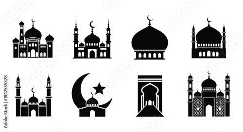 Collection of black silhouette islamic mosque and crescent moon icons