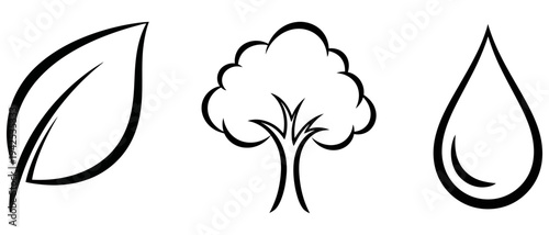 Simple black and white illustration of a leaf, tree, and water droplet symbolizing nature and environmental conservation concepts together.