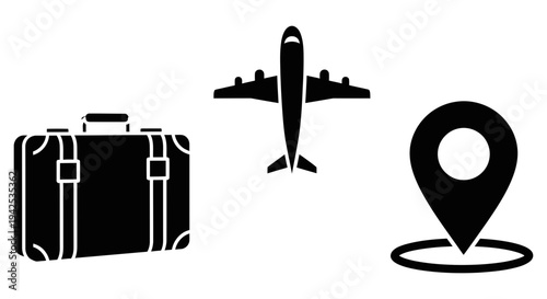 Simple icons representing travel elements like aircraft luggage and location pinpointing on a plain white background