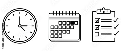 Simple line icons representing time management scheduling and task completion in a minimalist style perfect for modern business applications and productivity tools