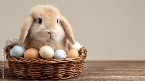 Cute Easter bunny sitting in wicker basket with colorful eggs, soft pastel colors, spring holiday theme, studio setting, copy space background