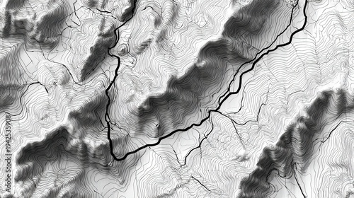 Grayscale topographic map with bold route line