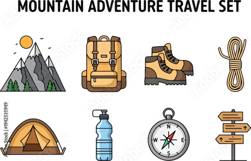 Mountain Adventure Travel Set Featuring Backpack, Tent, Boots, Compass and Rope