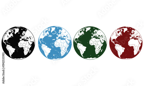 Colored earth globe icons showing world map in different styles isolated on white background