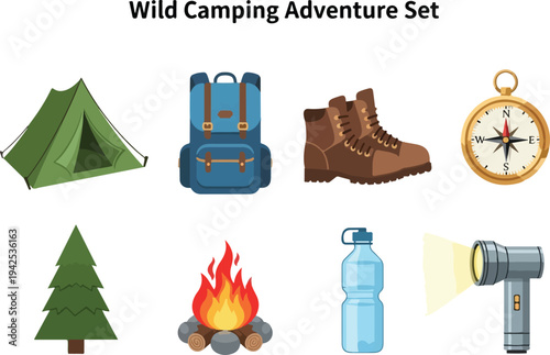Wild Camping Adventure Set Featuring Tent, Backpack, Boots, Compass, Tree, Fire, Water Bottle, and Flashlight