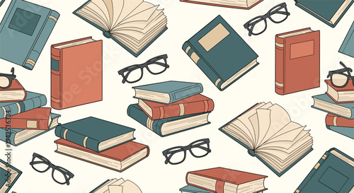 Academic seamless pattern featuring stacks of colorful books, open books, and black rimmed reading glasses on a warm cream background for study.
