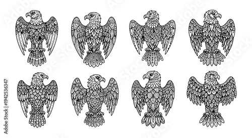 Detailed sketches of eagles with outstretched wings in a repeating pattern