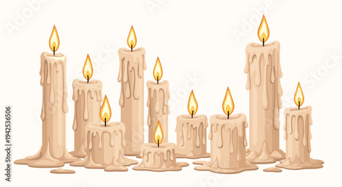 Large collection of burning cream colored wax candles of various heights with melting drips and warm glowing flames on a white background.