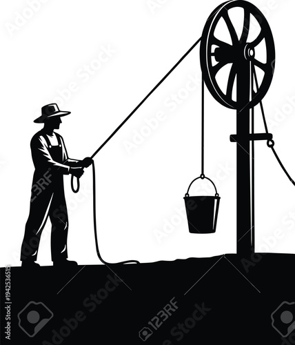 Farmer drawing water from traditional well using pulley and bucket, rural agriculture work silhouette vector illustration showing countryside lifestyle and manual water supply system